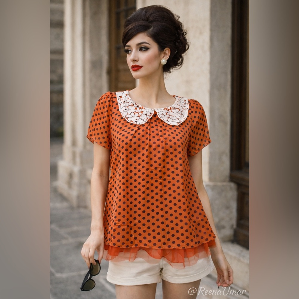 Vintage Orange Polka Dot Short Sleeve Top with Lace Collar – Size Small